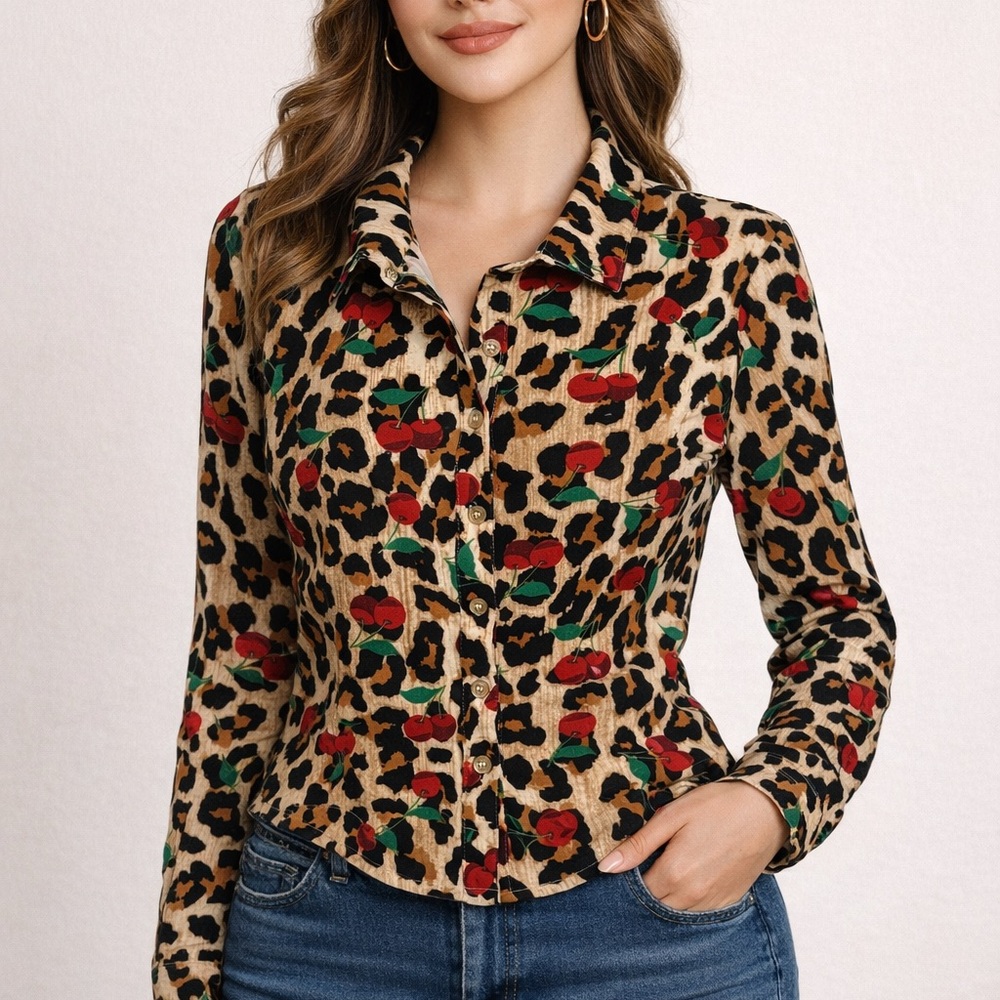 Jolie & Joy Button-Up Blouse with cherries print size L